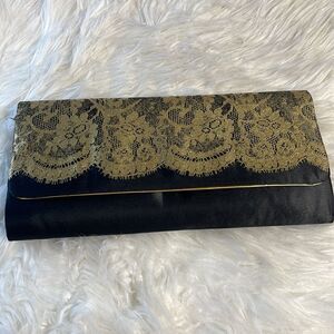 Black Clutch Evening Bag with Gold Lace Glitter Trim
